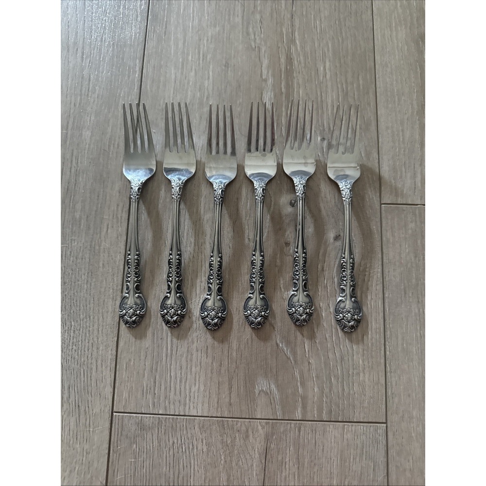 National SONORA Salad Fork Stainless NS Japan Floral‎ Glossy Silverware Lot of 6